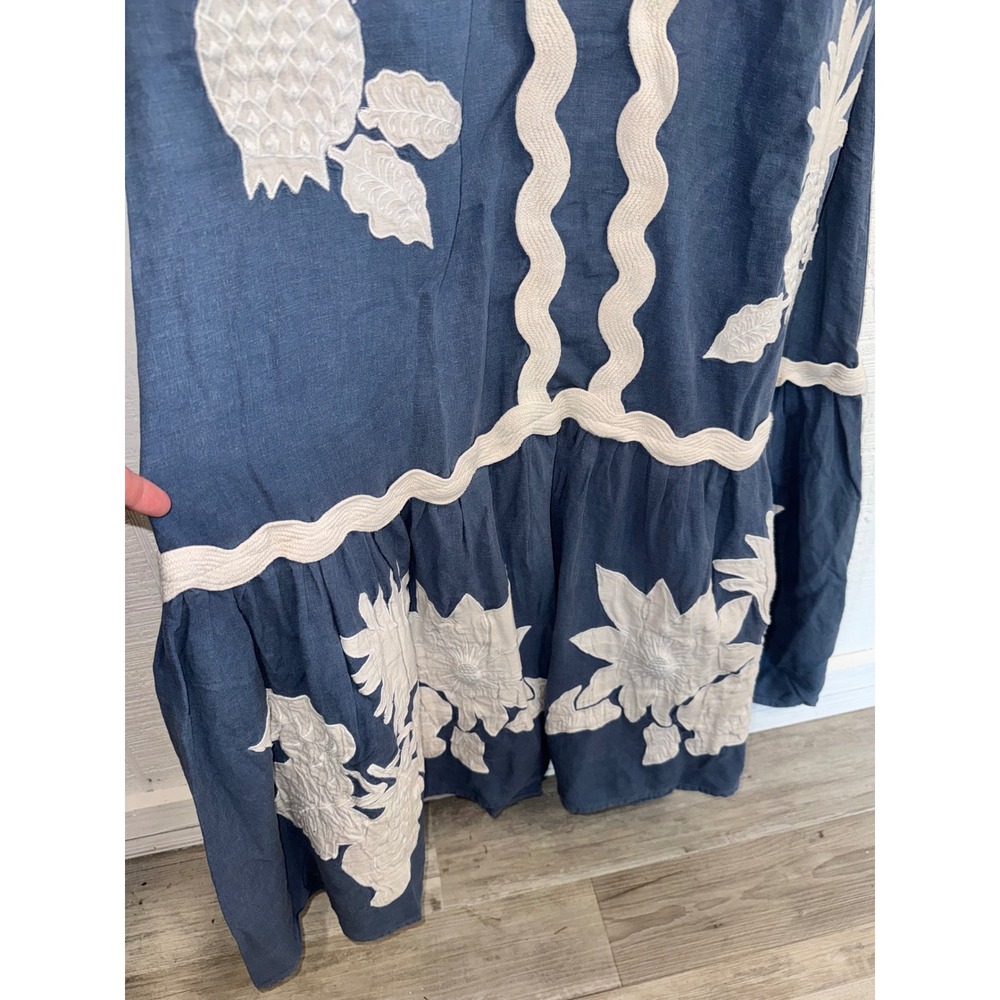 Farm Rio Maxi Dress Women Blue Embroidered Ric Rac Pineapple Size M - Picture 5 of 9